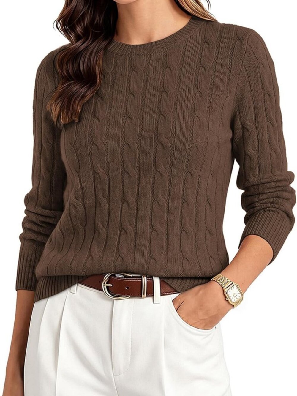 Cozy 100% Merino Wool Cable Knit Crewneck Pullover Sweater for Women